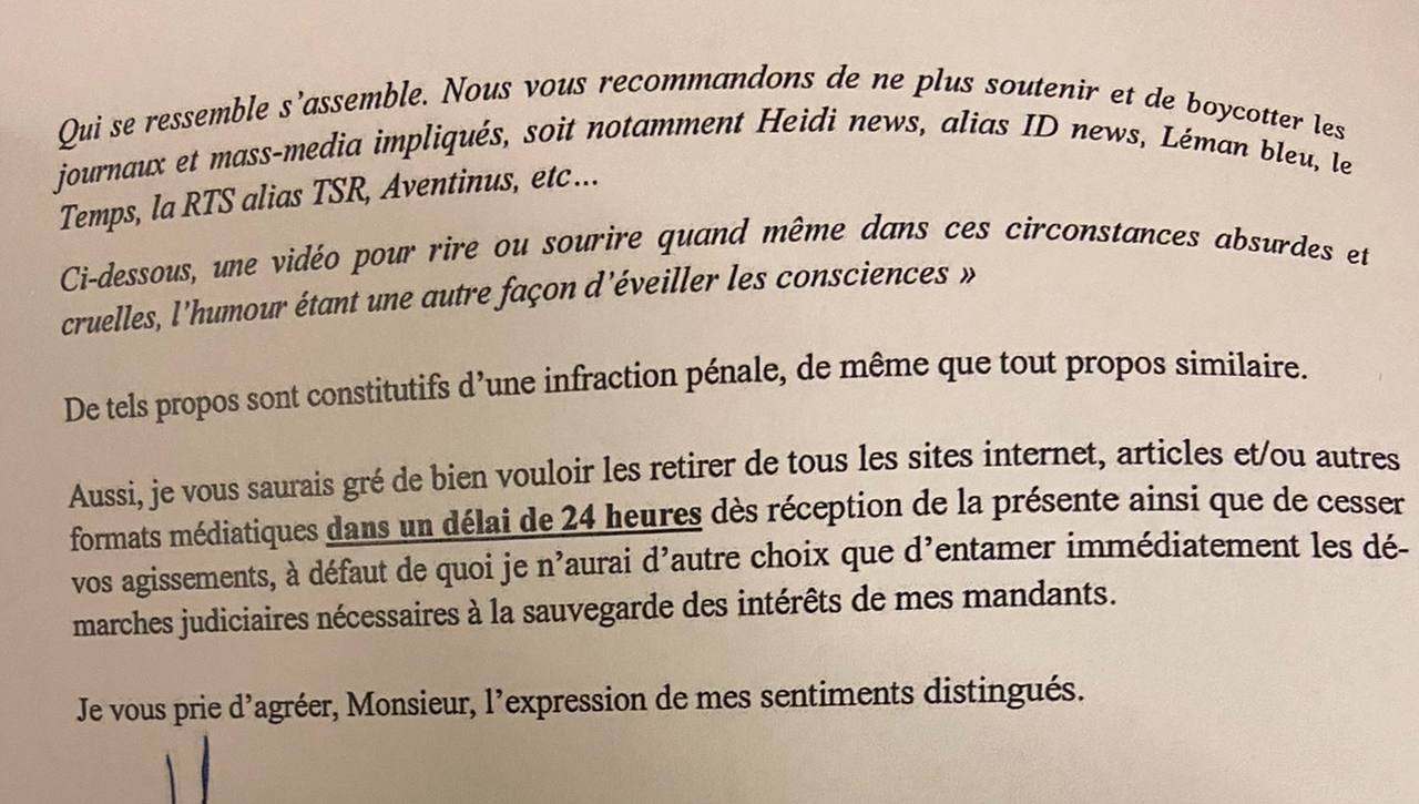Menaces de justice d'un avocat d'un média suisse