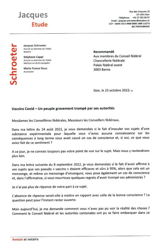 Lettre de Jacques Schroeter au conseil fédéral