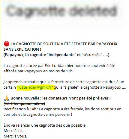 Cagnotte supprimée par dénonciation des trolls qui soutiennent Heidi News
